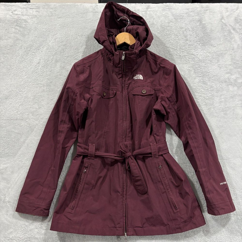 The North Face Jacket Women's Large Hyvent Hooded Full Zip Belted Burgundy Nylon